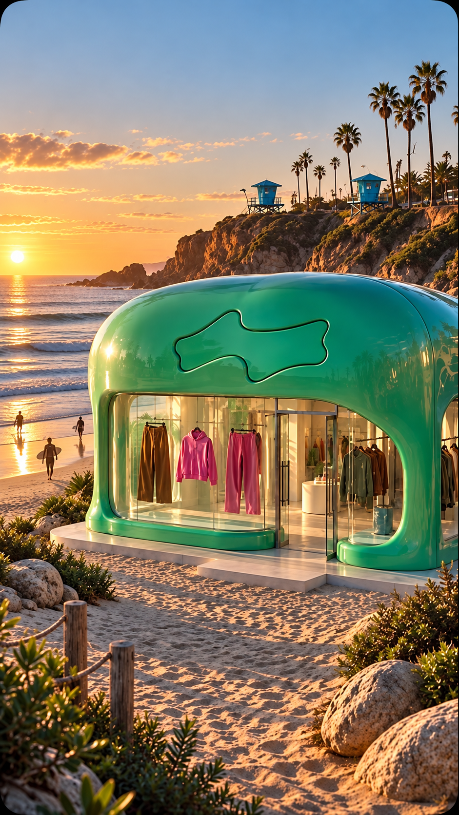Green sculptural resort pop-up boutique at sunset